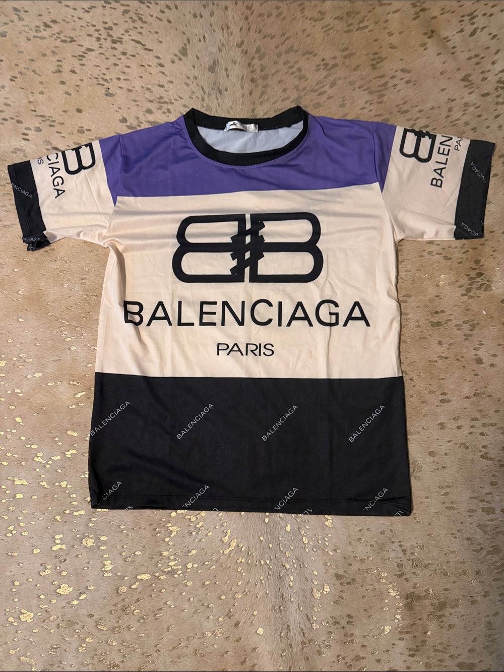 Balenciaga Colorblock Logo Tee - Purple, Cream & Black